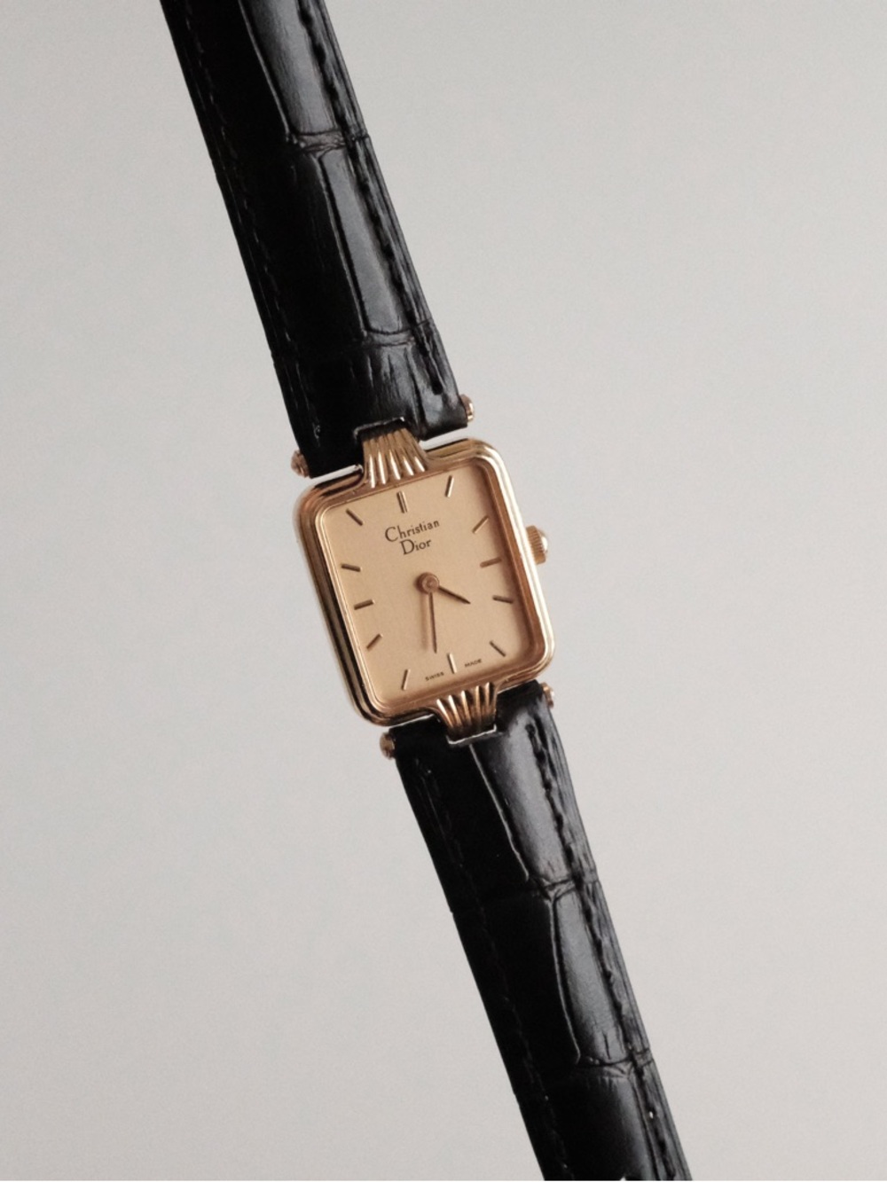 Vintage Dior Gold-Tone Rectangular Watch with Black Leather Strap